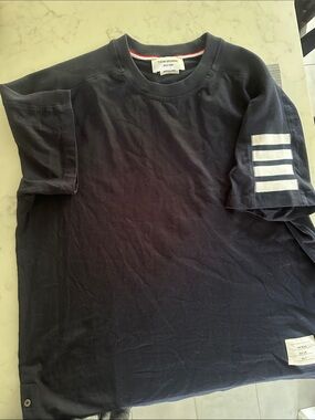 Thom Browne Navy Short-Sleeve Cotton Tee with White Sleeve Stripes
